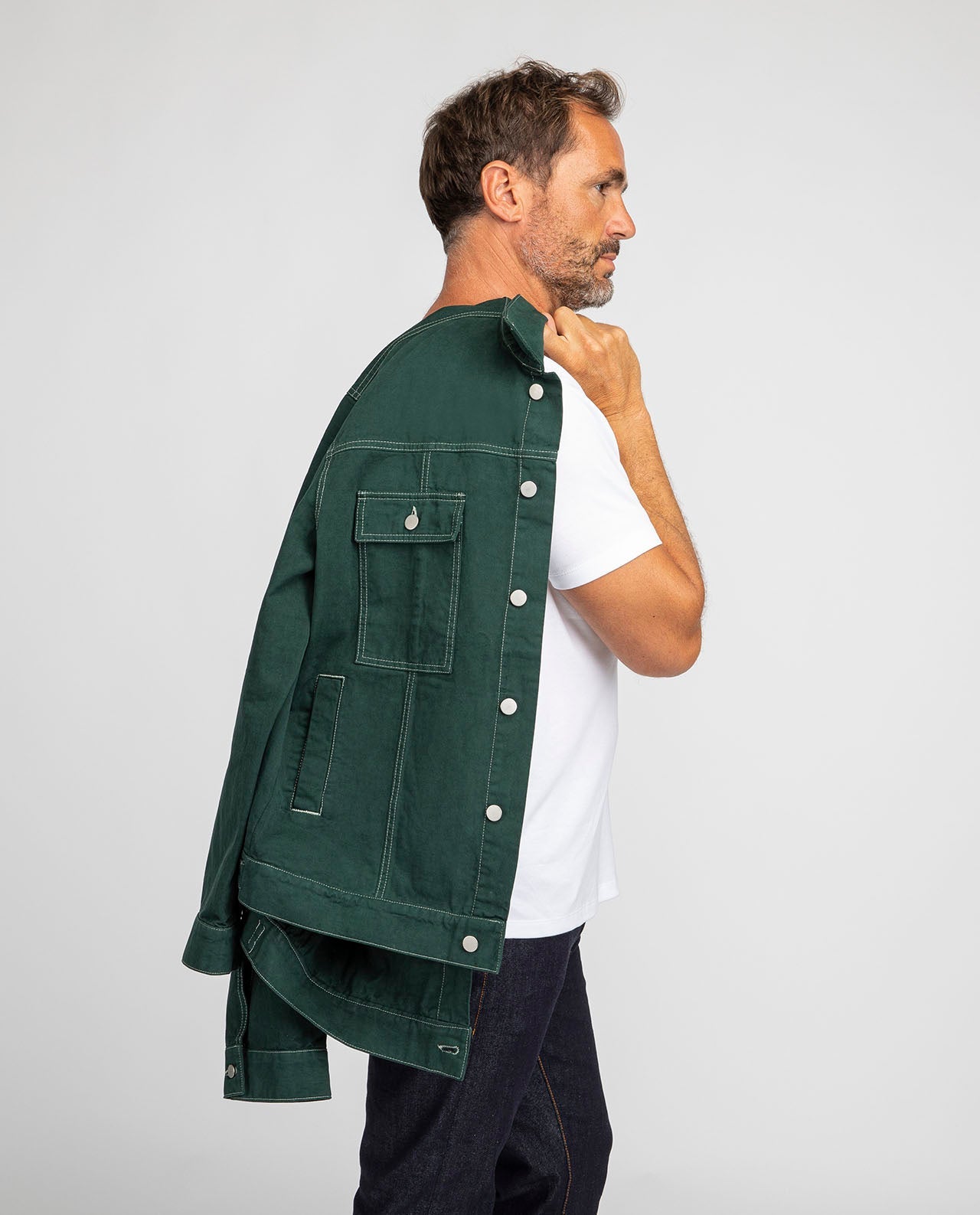 marché commun noyoco veste homme coton biologique vert coutures surpiqûres apparentes denim éco-responsable éthique fabriquée en Europe